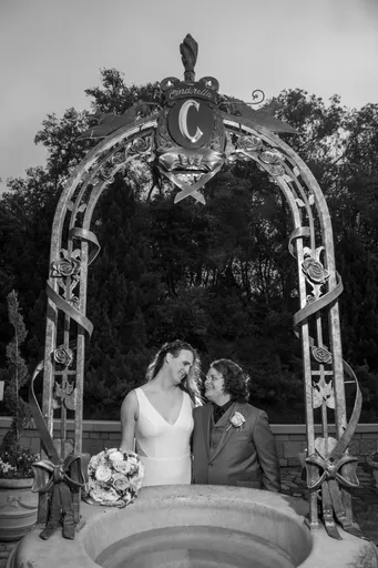 A black and white photo of Alexis and Christian